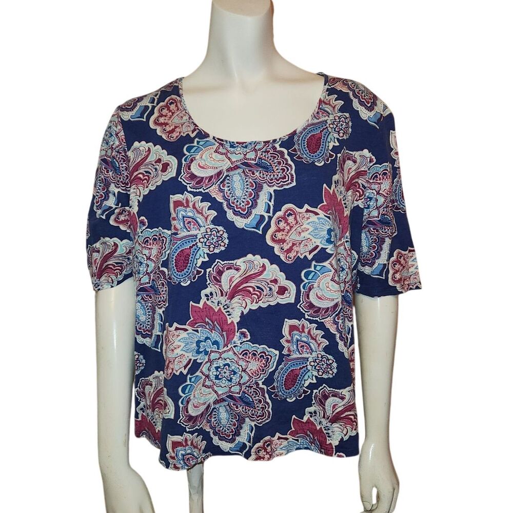 Chicos Short Sleeve Scoop Neck Blue Floral Paisley Shirt Top Womens Size XL